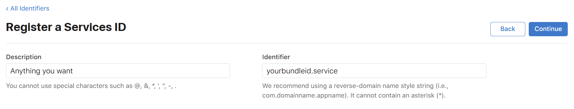 Register a Services ID form with description and identifier