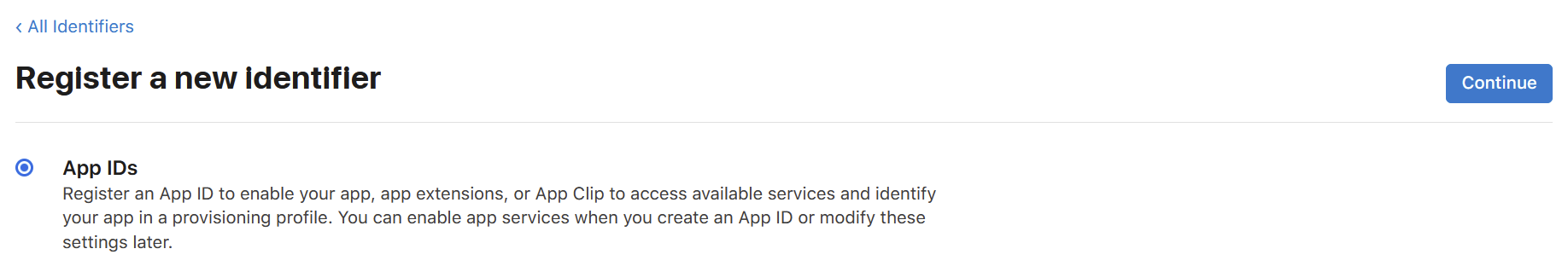 Register a new identifier, with App IDs selected