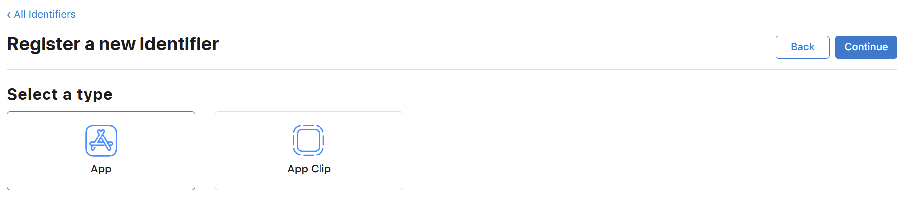 Select a type: App or App Clip