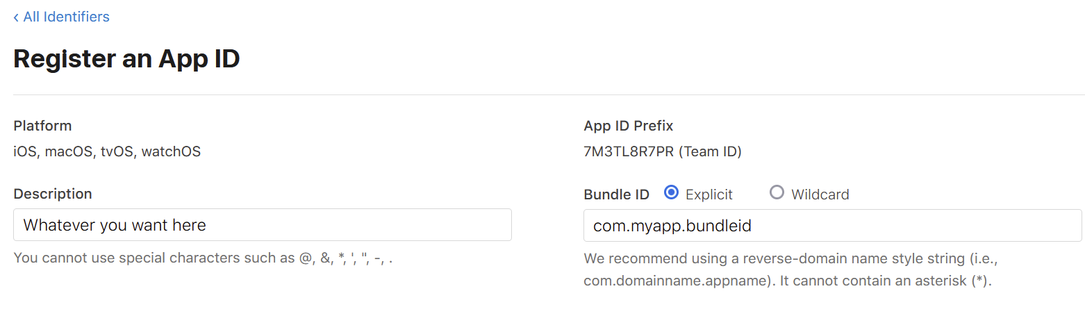 Register an App ID form with description, bundle ID, and App ID Prefix