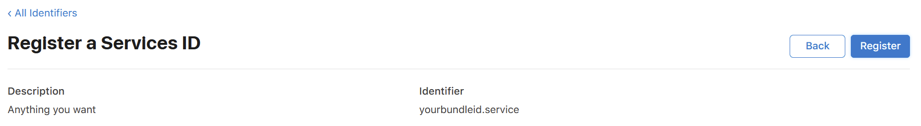 Services ID confirmation page with the Register button