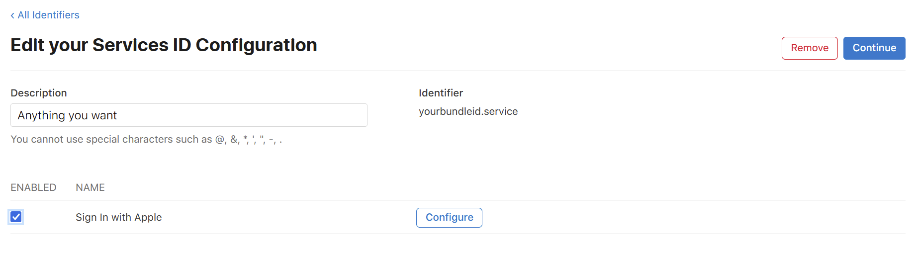 Edit your Services ID Configuration with Sign In with Apple checked