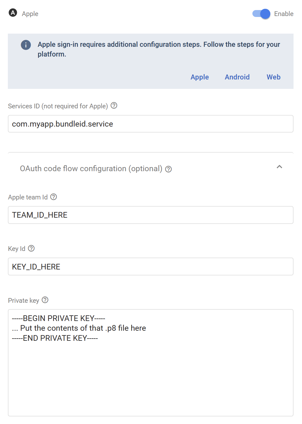 Firebase Apple provider settings: Services ID, team ID, key ID, and private key