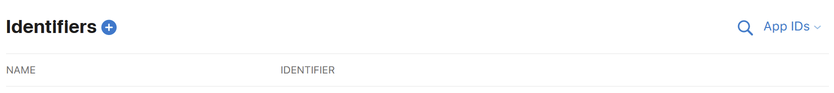 Identifiers page with the plus button next to the heading