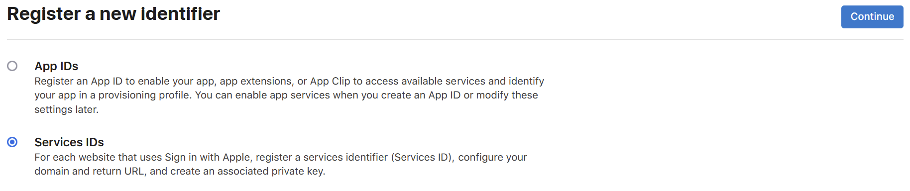 Register a new identifier, with Services IDs selected